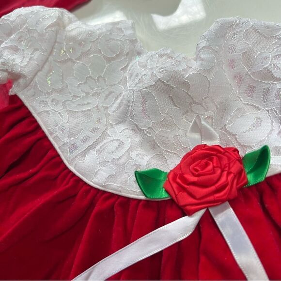 TWO Vintage 1990s Red Velvet Baby Dresses Lacey Floral Schnauzer Dog with Hat - Picture 9 of 13